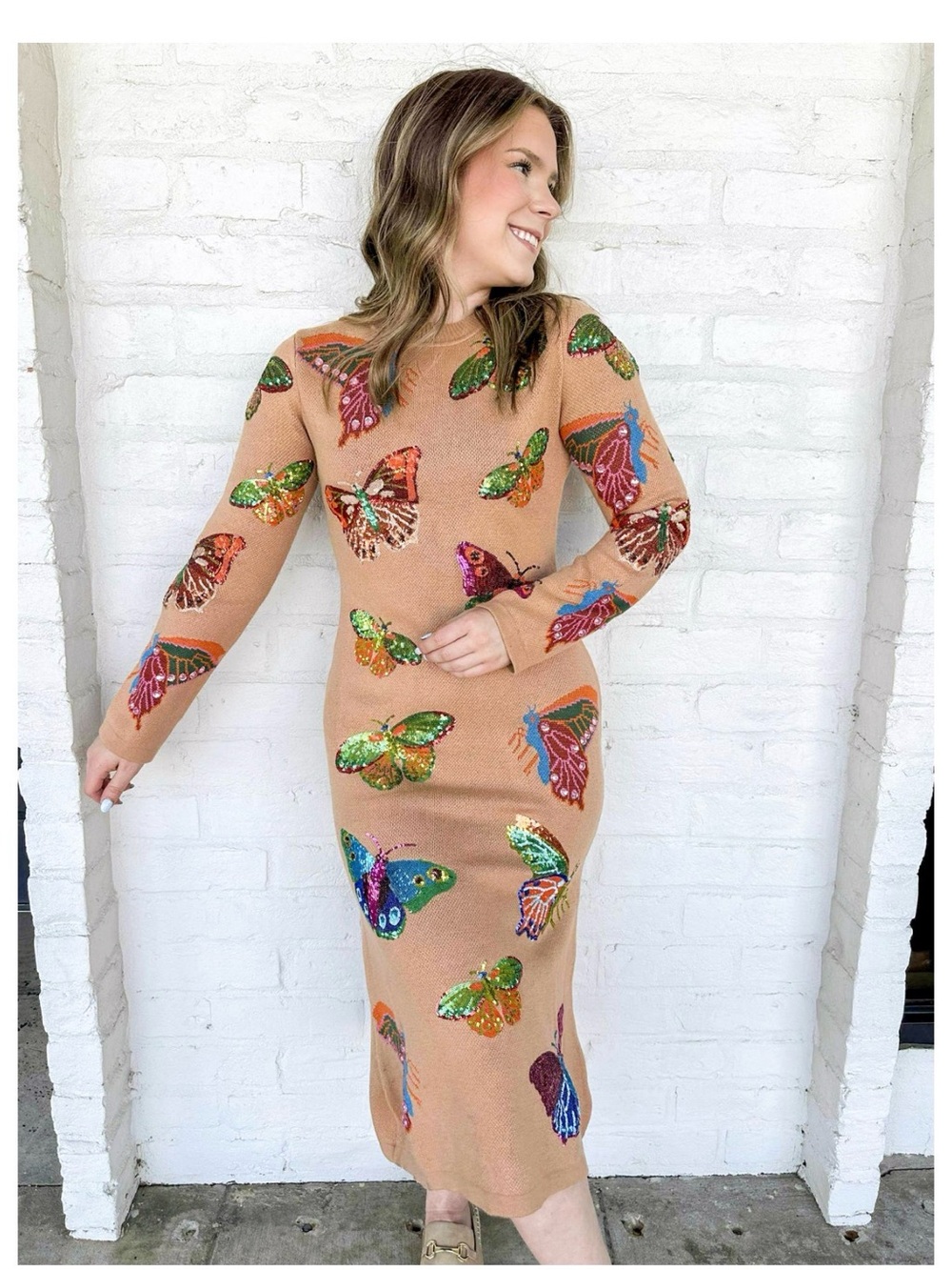 Queen of Sparkles Tan Multi Butterfly Knit MIDI Dress